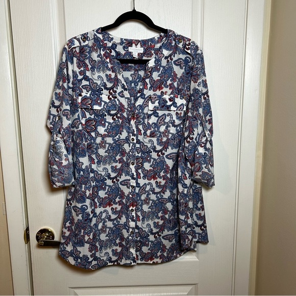 Women’s Charters Club Plus Size 2X Floral Blouse Blue/white Business Button Up - Picture 1 of 8